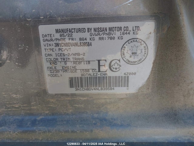 3N1CN8DV4NL839584 Nissan VERSA S