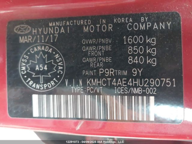 KMHCT4AE4HU290751 Hyundai ACCENT SE