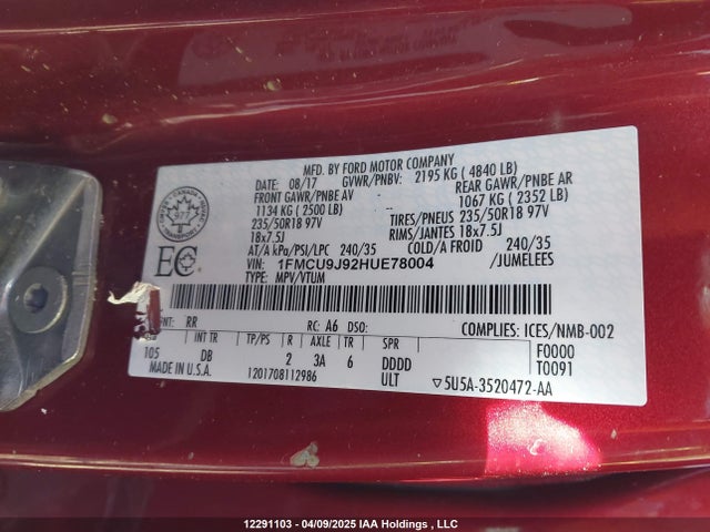 1FMCU9J92HUE78004 Ford 2017