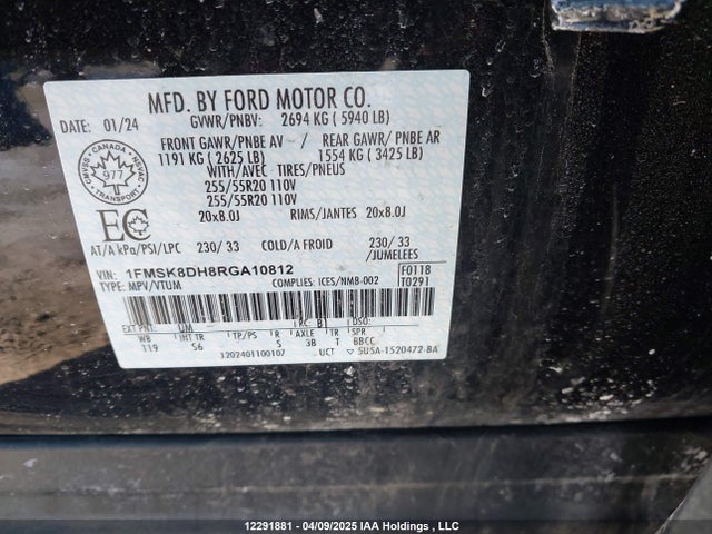 1FMSK8DH8RGA10812 Ford tivct