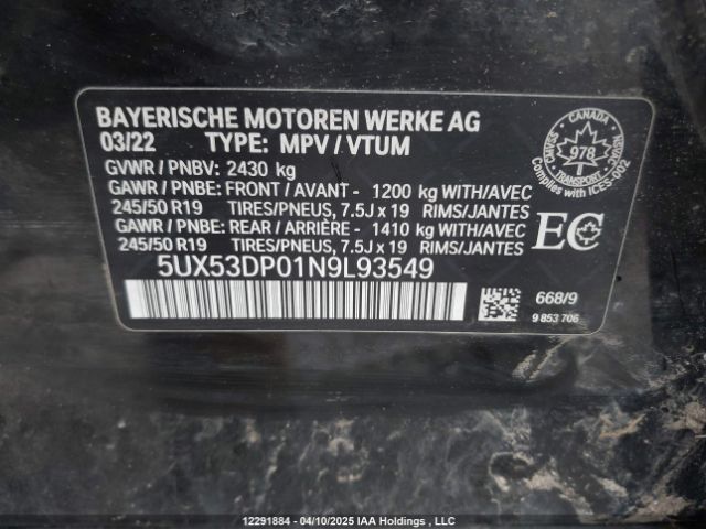5UX53DP01N9L93549 BMW X3 Xdrive30i