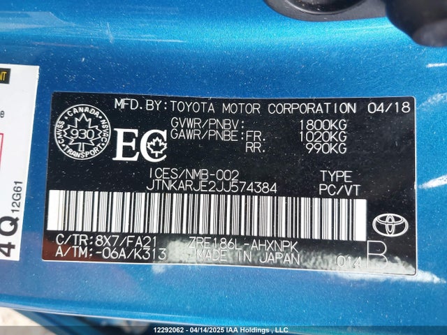 JTNKARJE2JJ574384 Toyota 2zr-fae