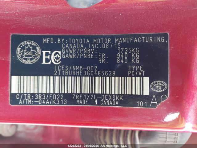 2T1BURHE3GC485638 Toyota 2zr-fe