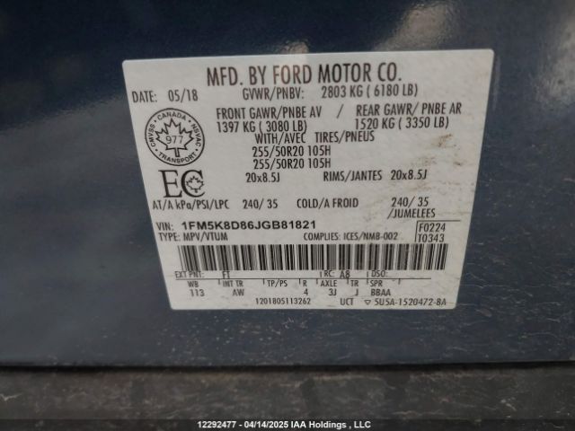 1FM5K8D86JGB81821 Ford EXPLORER XLT