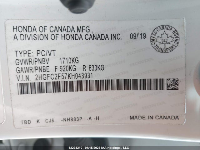 Honda k20c2 2019 2HGFC2F57KH043931 Image 9