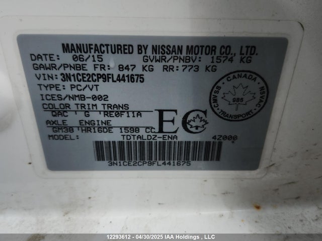 Nissan Versa Note S/s Plus/sv/sl/sr 2015 3N1CE2CP9FL441675 Image 9