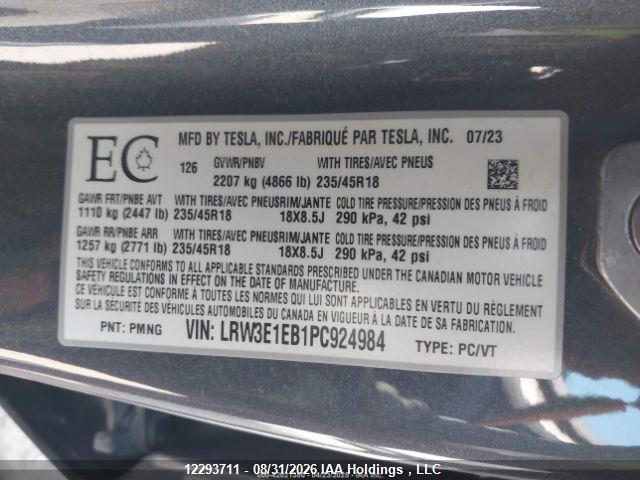 12293711 :رقم المزاد ، LRW3E1EB1PC924984 vin ، 2023 Tesla Model 3 Long Range مزاد بيع