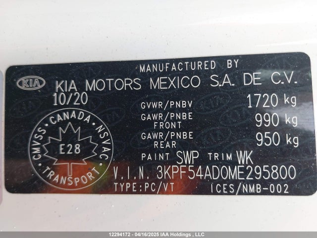 3KPF54AD0ME295800 KIA mpi nu