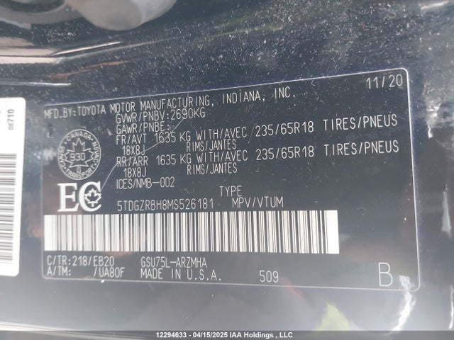 5TDGZRBH8MS526181 Toyota 2gr-fks