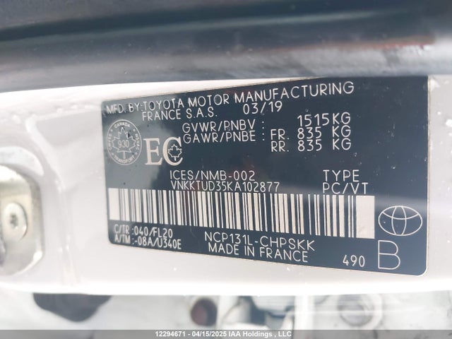 VNKKTUD35KA102877 Toyota Yaris L/le/se