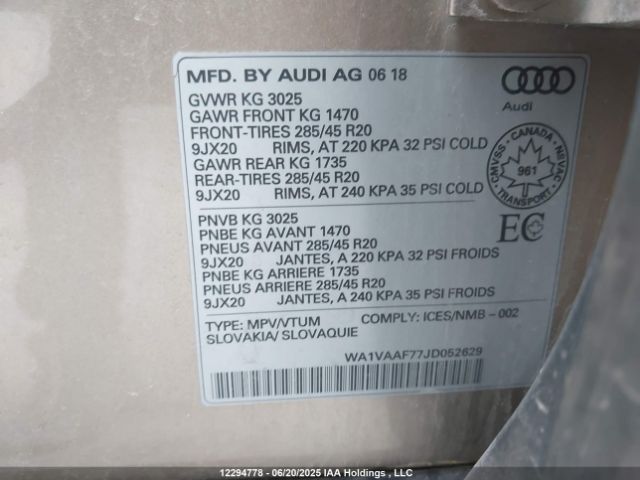 WA1VAAF77JD052629 Audi 2018
