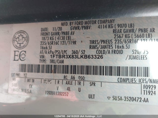 Ford 3.5l v6 cyclone 2020 1FTBR3X83LKB63326 Image 9