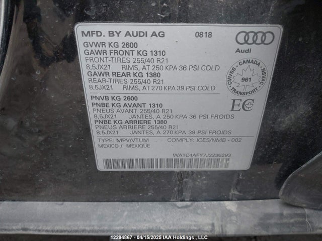 WA1C4AFY7J2236293 Audi Sq5 Prestige