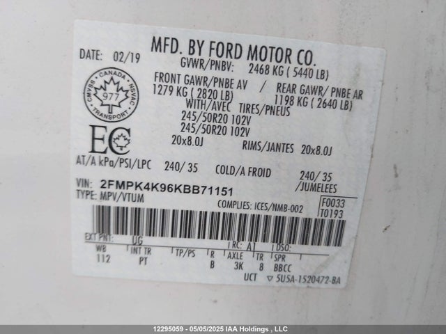 2FMPK4K96KBB71151 Ford 2.0l gtdi w/premium fuel