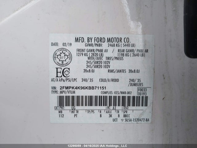 2FMPK4K96KBB71151 Ford 2.0l gtdi w/premium fuel