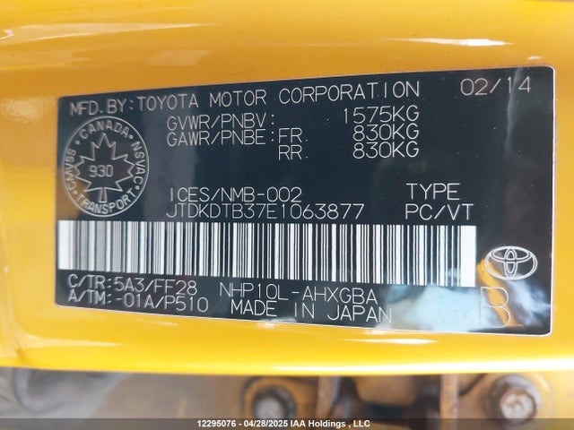 JTDKDTB37E1063877 Toyota PRIUS C