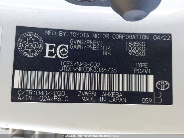 JTDL9MFU0N3038726 Toyota 2zr-fxe, 1nm+1mm