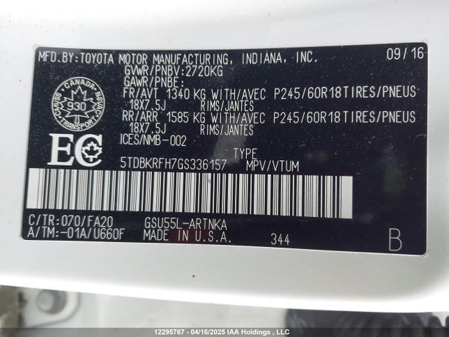 5TDBKRFH7GS336157 Toyota Highlander Le/le Plus