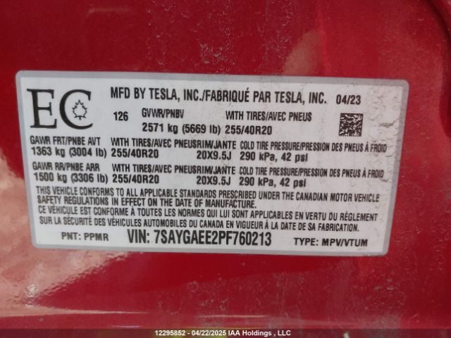 7SAYGAEE2PF760213 Tesla Model Y
