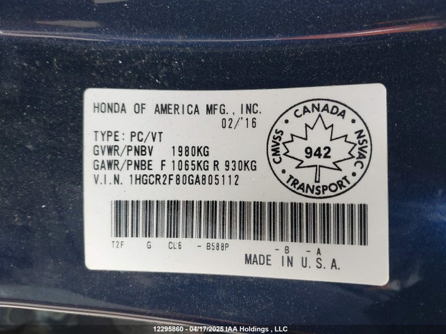 1HGCR2F80GA805112 Honda k24w1