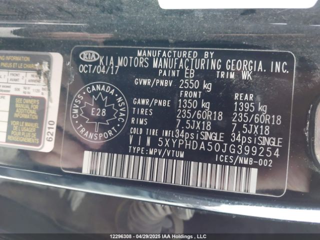 5XYPHDA50JG399254 KIA SORENTO EX
