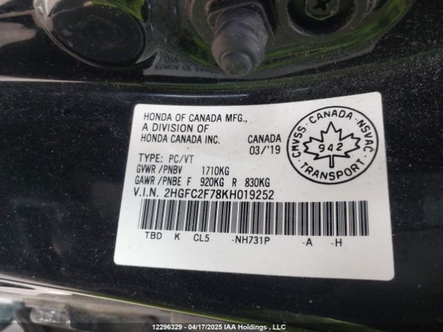 2HGFC2F78KH019252 Honda CIVIC EX