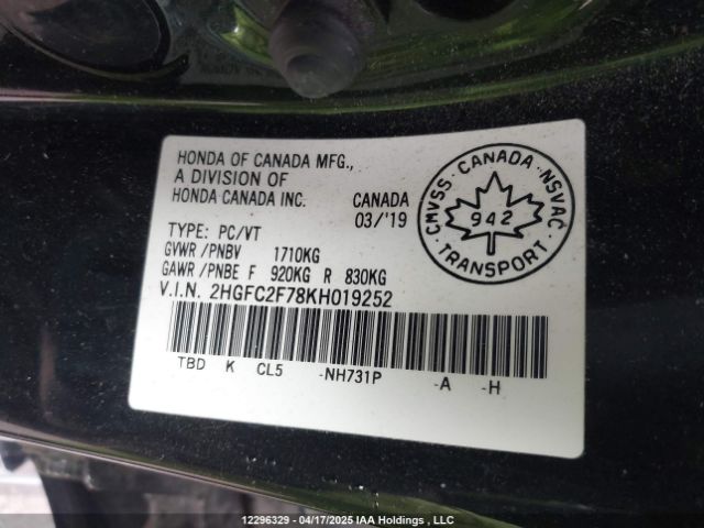 2HGFC2F78KH019252 Honda CIVIC EX