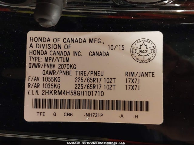 Honda k24w9 2016 2HKRM4H58GH101710 Image 9