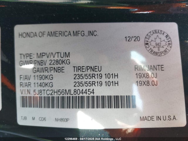 Acura k20c4 2021 5J8TC2H56ML804454 Image 9