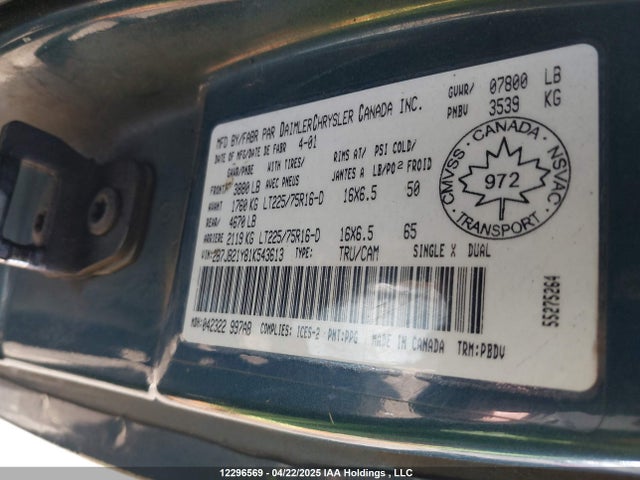 2001 Dodge Ram Van 2500 Commercial მანქანა იყიდება აუქციონზე, vin: 2B7JB21Y81K543613, აუქციონის ნომერი: 12296569