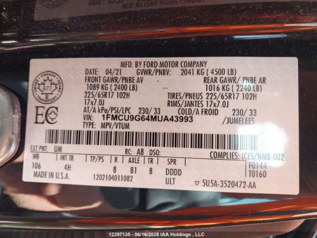 1FMCU9G64MUA43993 Ford dragon di tc