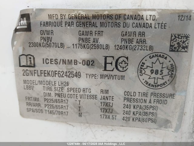 Продажа на аукционе авто 2015 Chevrolet Equinox Lt, vin: 2GNFLFEK0F6242549, номер лота: 12297449