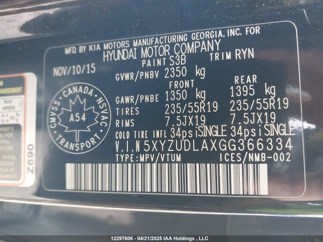 5XYZUDLAXGG366334 Hyundai t-gdi theta ii