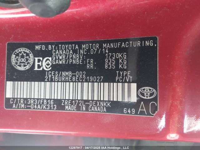 2T1BURHE8EC219027 Toyota 2zr-fe