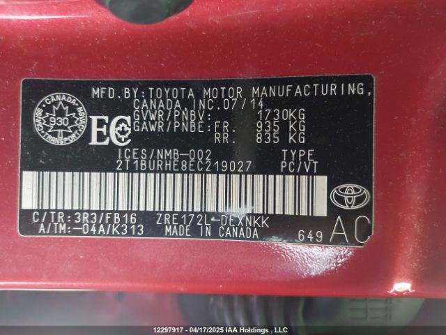 2T1BURHE8EC219027 Toyota 2zr-fe