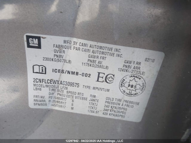 2010 Chevrolet Equinox Ls მანქანა იყიდება აუქციონზე, vin: 2CNFLCEWXA6309575, აუქციონის ნომერი: 12297942
