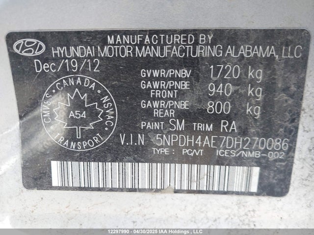 12297990 :رقم المزاد ، 5NPDH4AE7DH270086 vin ، 2013 Hyundai Elantra مزاد بيع