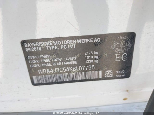 Aukcja sprzedaży 2019 Bmw 430xi Gran Coupe, vin: WBA4J3C54KBL07795, numer aukcji: 12298589