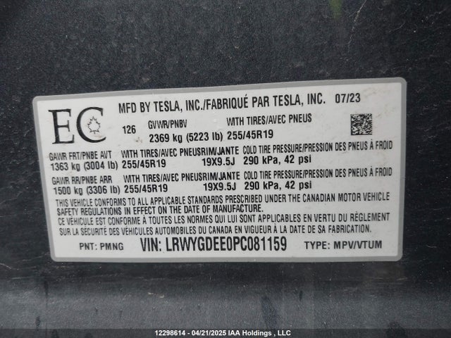 2023 Tesla Model Y მანქანა იყიდება აუქციონზე, vin: LRWYGDEE0PC081159, აუქციონის ნომერი: 12298614