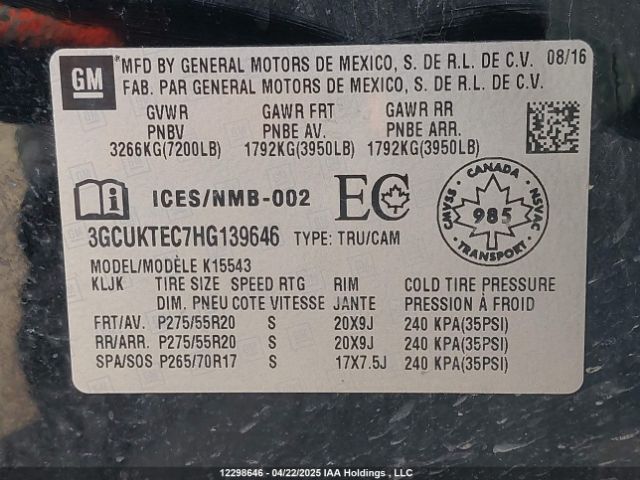 3GCUKTEC7HG139646 Chevrolet l83 - sidi: spark ignited direct injection, vvt: variable valve timing, afm, e85 max, alum