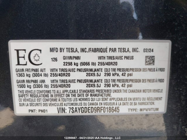 7SAYGDED9RF018645 Tesla 2024