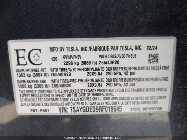 7SAYGDED9RF018645 Tesla 2024