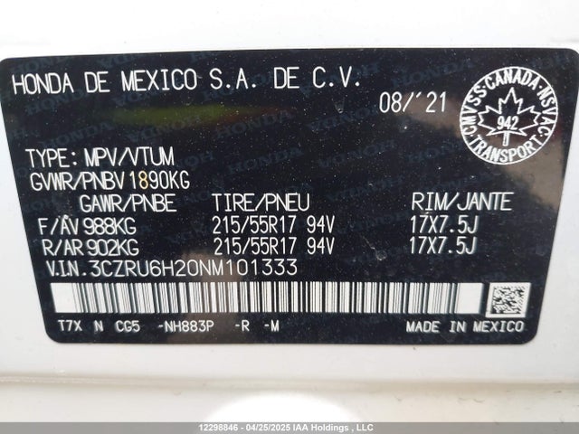3CZRU6H20NM101333 Honda r18z9