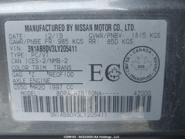 3N1AB8DV3LY205411 Nissan 2020
