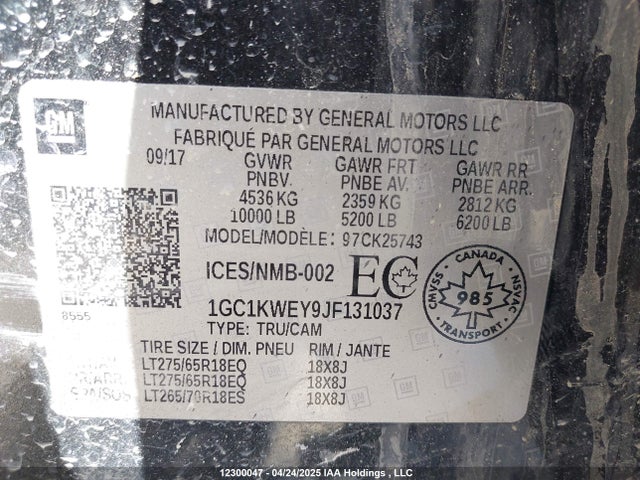 1GC1KWEY9JF131037 Chevrolet l5p - direct injection, duramax, gen 5, var 1