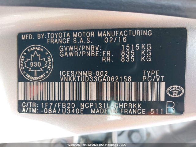 VNKKTUD33GA062158 Toyota 1nz-fe