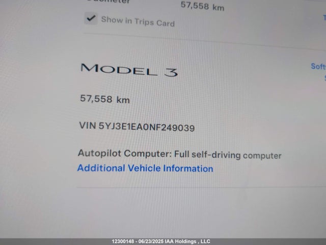 5YJ3E1EA0NF249039 Tesla MODEL 3