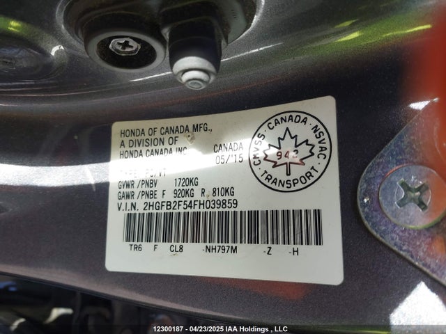 Продаж на аукціоні авто 2015 Honda Civic, vin: 2HGFB2F54FH039859, номер лоту: 12300187