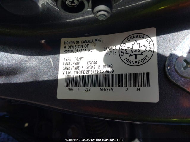Продаж на аукціоні авто 2015 Honda Civic, vin: 2HGFB2F54FH039859, номер лоту: 12300187