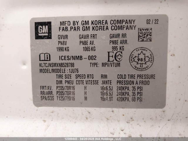 KL7CJNSMXNB528788 Chevrolet le2